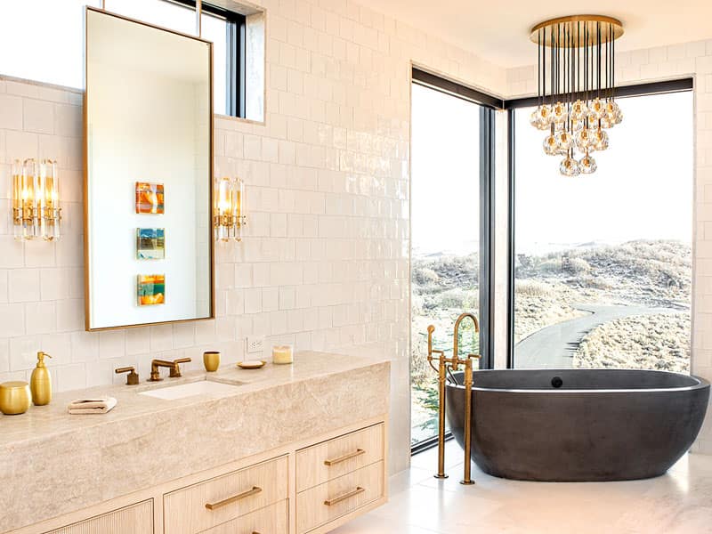 Bathroom remodel with tiled walk-in shower and modern vanity